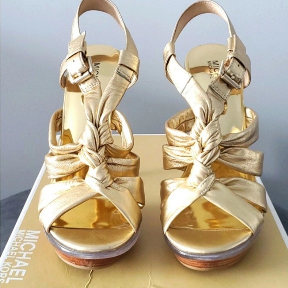 MICHAEL KORS gold leather braided heeled platform shoe / sandal.